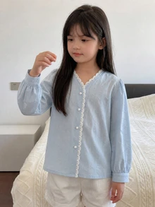 SHEIN Elladie kids Kemeja Wanita Gaya Korea Minimalis dengan Kain Jacquard 3D Tenun, Kerah V, Hiasan Rumbai Kecil, Lengan Panjang, Warna Biru Muda, Musim Gugur - Biru - View 3