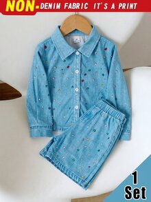 SHEIN Elladie kids 2件組少女藍色印花不對稱領長袖上衣與藍色印花短褲，學院風日常休閒風格，校園秋季穿搭 - 藍色 - 查看 6