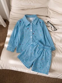 SHEIN Elladie kids 2件組少女藍色印花不對稱領長袖上衣與藍色印花短褲，學院風日常休閒風格，校園秋季穿搭 - 藍色 - 查看 4