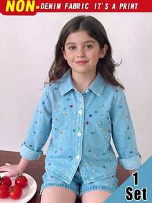 SHEIN Elladie kids 2件組少女藍色印花不對稱領長袖上衣與藍色印花短褲，學院風日常休閒風格，校園秋季穿搭 - 藍色 - 查看 2