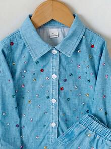 SHEIN Elladie kids 2件組少女藍色印花不對稱領長袖上衣與藍色印花短褲，學院風日常休閒風格，校園秋季穿搭 - 藍色 - 查看 5