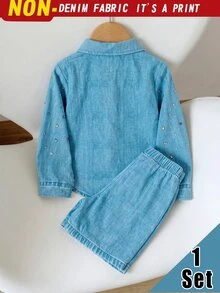 SHEIN Elladie kids 2件組少女藍色印花不對稱領長袖上衣與藍色印花短褲，學院風日常休閒風格，校園秋季穿搭 - 藍色 - 查看 3