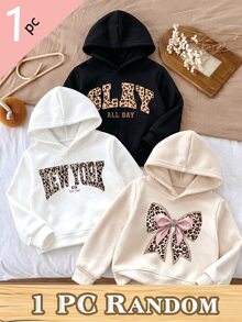 SHEIN Elladie kids 女童 1 件豹紋字母蝴蝶結圖案連帽衛衣 秋冬時尚清新舒適上衣 - 黑色 - 查看 3