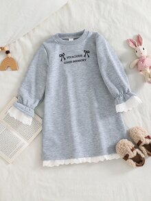 SHEIN Girls' Autumn/Winter New Korean-Style Energetic English Bow Print A-Line Dress With Flared Ruffle Hem Cuffed Sleeves Embroidered Lace Trim Baby Blue - Grey - View 1