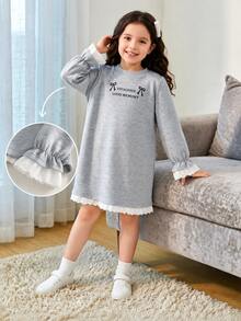 SHEIN Girls' Autumn/Winter New Korean-Style Energetic English Bow Print A-Line Dress With Flared Ruffle Hem Cuffed Sleeves Embroidered Lace Trim Baby Blue - Grey - View 3