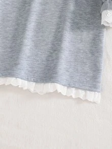 SHEIN Girls' Autumn/Winter New Korean-Style Energetic English Bow Print A-Line Dress With Flared Ruffle Hem Cuffed Sleeves Embroidered Lace Trim Baby Blue - Grey - View 8