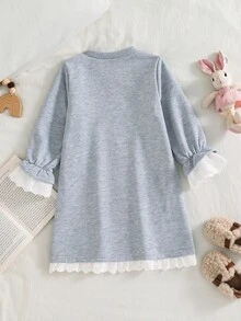 SHEIN Girls' Autumn/Winter New Korean-Style Energetic English Bow Print A-Line Dress With Flared Ruffle Hem Cuffed Sleeves Embroidered Lace Trim Baby Blue - Grey - View 2