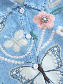 SHEIN Elladie kids Young Girls French Gentle Fairy Sweet Style Washed Denim Look Printed Jacket, Exquisite Pearl Butterfly Floral Print Long Sleeve Blue Cardigan - Blue - View 7
