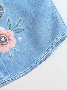 SHEIN Elladie kids Young Girls French Gentle Fairy Sweet Style Washed Denim Look Printed Jacket, Exquisite Pearl Butterfly Floral Print Long Sleeve Blue Cardigan - Blue - View 8