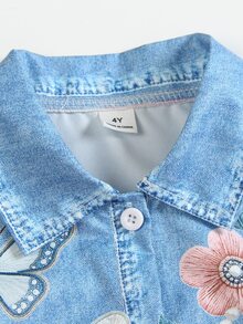 SHEIN Elladie kids Young Girls French Gentle Fairy Sweet Style Washed Denim Look Printed Jacket, Exquisite Pearl Butterfly Floral Print Long Sleeve Blue Cardigan - Blue - View 9