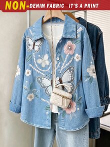 SHEIN Elladie kids Young Girls French Gentle Fairy Sweet Style Washed Denim Look Printed Jacket, Exquisite Pearl Butterfly Floral Print Long Sleeve Blue Cardigan - Blue - View 4
