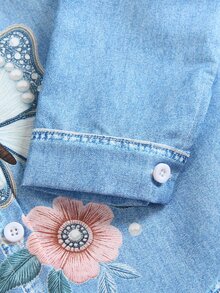 SHEIN Elladie kids Young Girls French Gentle Fairy Sweet Style Washed Denim Look Printed Jacket, Exquisite Pearl Butterfly Floral Print Long Sleeve Blue Cardigan - Blue - View 6