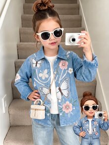 SHEIN Elladie kids Young Girls French Gentle Fairy Sweet Style Washed Denim Look Printed Jacket, Exquisite Pearl Butterfly Floral Print Long Sleeve Blue Cardigan - Blue - View 3