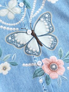 SHEIN Elladie kids Young Girls French Gentle Fairy Sweet Style Washed Denim Look Printed Jacket, Exquisite Pearl Butterfly Floral Print Long Sleeve Blue Cardigan - Blue - View 5