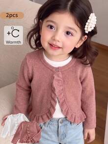 SHEIN Genkimix Kids Young Girls Solid Color Long Sleeve Knit Cardigan Simple Style Multi-Piece Set Suitable For Spring And Autumn Casual Daily Wear - Multicolor - View 9