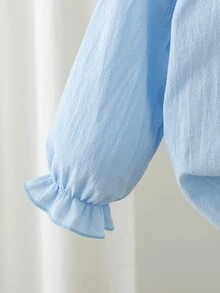 SHEIN 新開學季女童幼兒時尚甜美蕾絲領白色長袖襯衫 百搭嬰兒內搭衫 - 藍色 - 查看 6