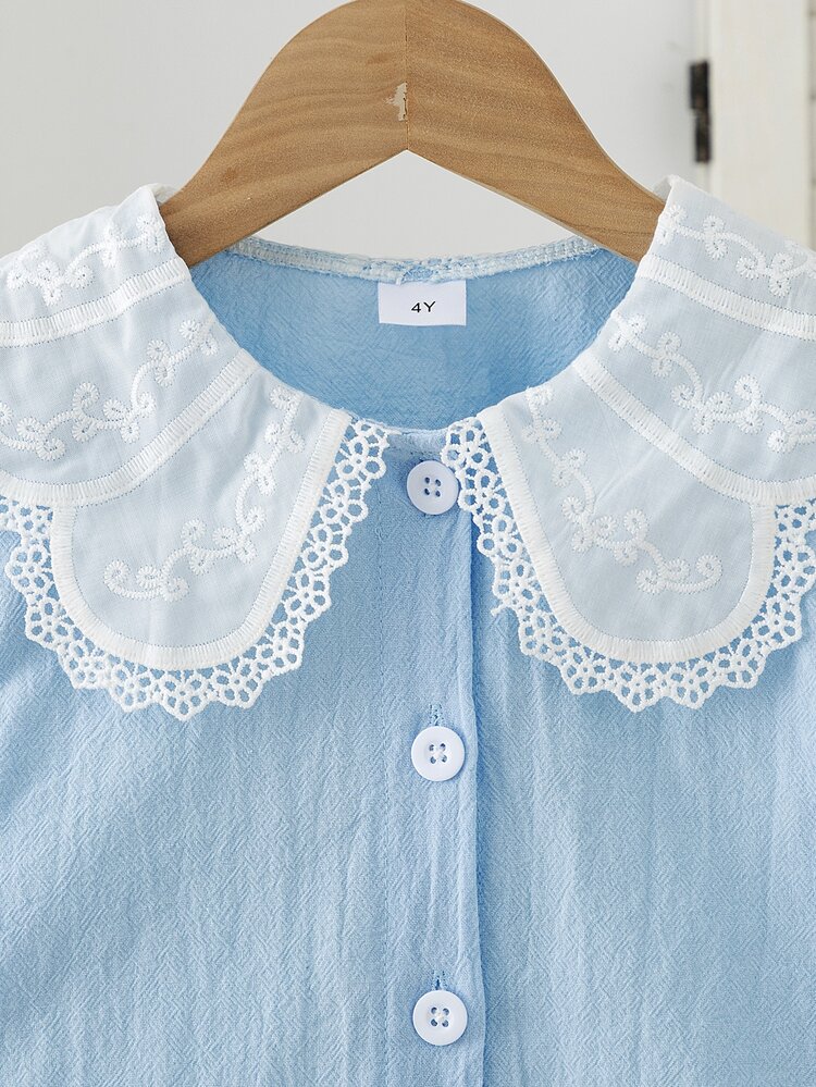 SHEIN Girls Spring Autumn Long‑Sleeve Blouse Sweet Fairy Blue Shirt With Lace Big Doll Collar, Daily Outfit‑Travel Wear - Blue - View 5