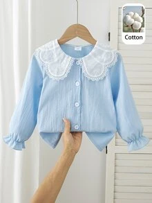 SHEIN 新開學季女童幼兒時尚甜美蕾絲領白色長袖襯衫 百搭嬰兒內搭衫 - 藍色 - 查看 7