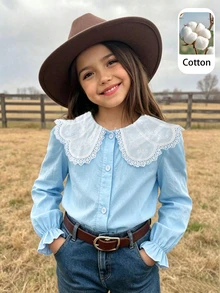 SHEIN 新開學季女童幼兒時尚甜美蕾絲領白色長袖襯衫 百搭嬰兒內搭衫 - 藍色 - 查看 9