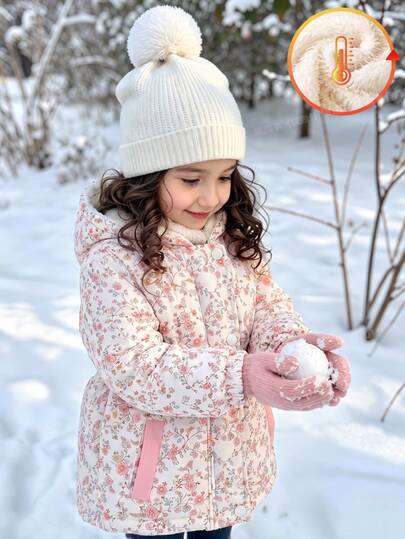 SHEIN Elladie kids Girls' Winter Long Sleeve Hooded Cute Digital Print Jacket, Perfect For Outdoor Travel, Provides Ample Warmth Protection, Stylish And Practical, Ensures Baby Stays Warm And Fashionable During Winter Adventures