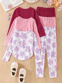 3件組女童幼兒新款雙條紋羅紋圓領曲擺長袖上衣、長褲、花卉滿版印花粉色波點素色休閒時尚套裝 - 彩色 - 查看 2