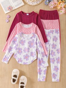 3件組女童幼兒新款雙條紋羅紋圓領曲擺長袖上衣、長褲、花卉滿版印花粉色波點素色休閒時尚套裝 - 彩色 - 查看 8
