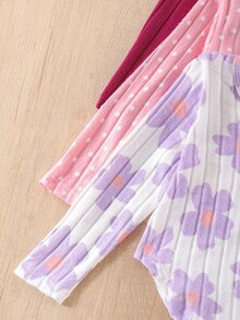 3件組女童幼兒新款雙條紋羅紋圓領曲擺長袖上衣、長褲、花卉滿版印花粉色波點素色休閒時尚套裝 - 彩色 - 查看 4