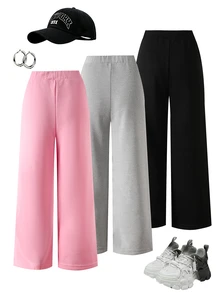 SHEIN Elladie kids 3件組 4-7歲女童運動風蝴蝶結寬腿字母印花鬆緊鬆垮運動長褲 春秋日常上學公園出遊穿著 - 彩色 - 查看 3