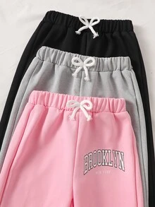 SHEIN Elladie kids 3件組 4-7歲女童運動風蝴蝶結寬腿字母印花鬆緊鬆垮運動長褲 春秋日常上學公園出遊穿著 - 彩色 - 查看 11