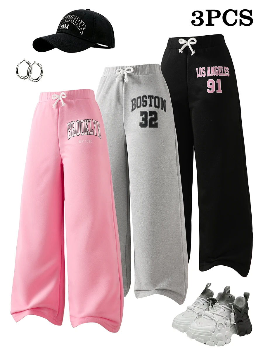 SHEIN Elladie kids 3件組 4-7歲女童運動風蝴蝶結寬腿字母印花鬆緊鬆垮運動長褲 春秋日常上學公園出遊穿著