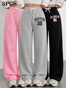 SHEIN Elladie kids 3件組 4-7歲女童運動風蝴蝶結寬腿字母印花鬆緊鬆垮運動長褲 春秋日常上學公園出遊穿著 - 彩色 - 查看 6