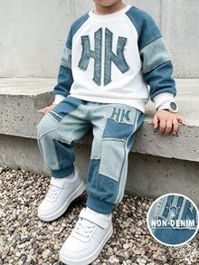男童 (小號) 運動衫套裝，丹寧效果印花風格，字母圖案圓領長袖運動衫與配套長褲 2 件套，適合秋冬室內外穿著 - 彩色 - 查看 1