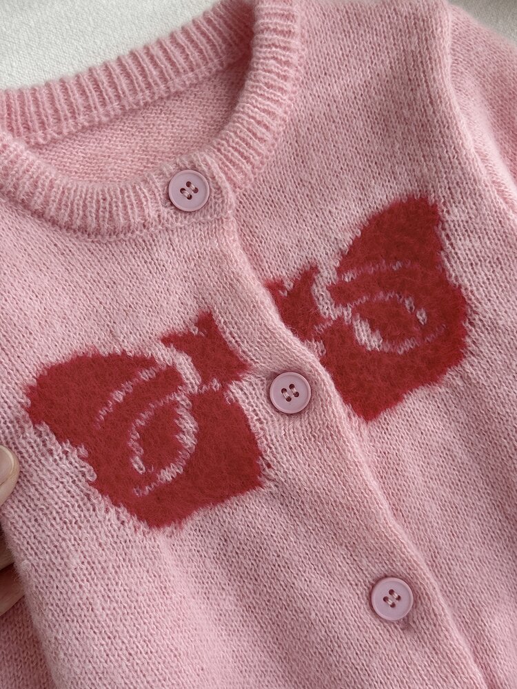 SHEIN Girls' Autumn/Winter Thick Fashion Bow Cute Minimalist Knitted Sweater Long Sleeve Cardigan - Pink - View 5