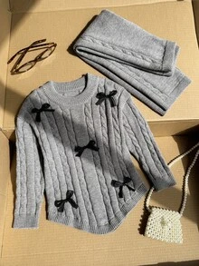 SHEIN Vintaside Kids 女童休閒公主娃娃風白色碎花蝴蝶結尖擺高領針織毛衣＋針織寬腿褲兩件套，秋季 - 淺灰色 - 查看 4