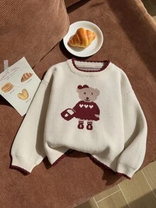 SHEIN 女童針織套頭毛衣上衣，柔軟舒適，提花熊愛心圖案，彩虹色，可愛卡通，時尚冬季春季秋季日常穿搭 - 米色 - 查看 8