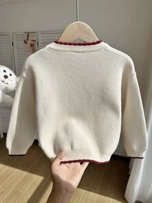 SHEIN 女童針織套頭毛衣上衣，柔軟舒適，提花熊愛心圖案，彩虹色，可愛卡通，時尚冬季春季秋季日常穿搭 - 米色 - 查看 2