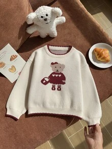 SHEIN 女童針織套頭毛衣上衣，柔軟舒適，提花熊愛心圖案，彩虹色，可愛卡通，時尚冬季春季秋季日常穿搭 - 米色 - 查看 5