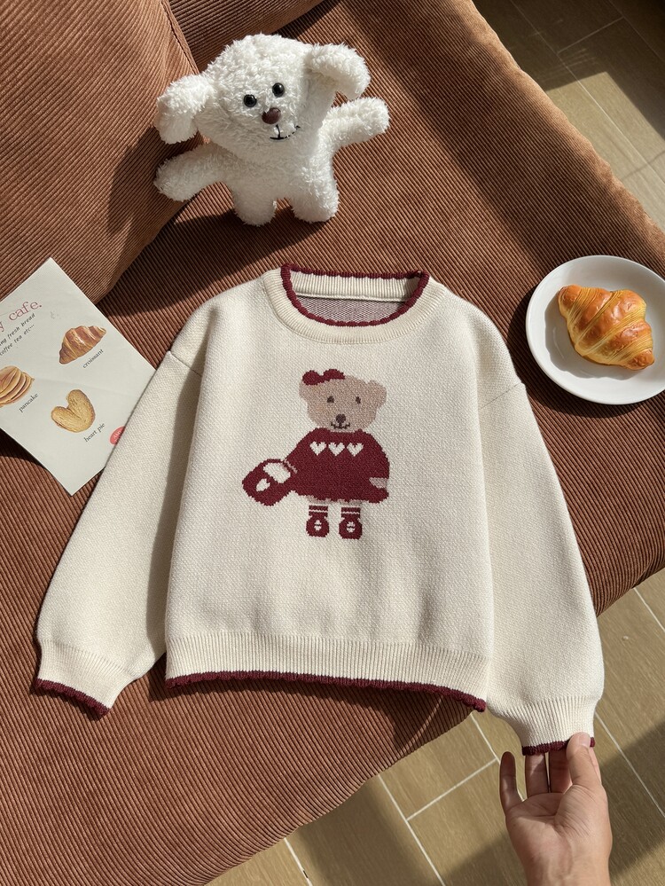 SHEIN Young Girls Sweaters, Young Girl Pullover Knit Top, Soft And Comfortable, Jacquard Bear And Heart Pattern, Red And Apricot, Cute Cartoon, Fashionable And Versatile For Winter, Spring, Autumn, Daily Casual, Party, Travel, Holiday, Outdoor Play - Beige - View 5