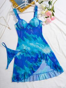 Nora Wilde 2pcs/Set Painted Tie-Dye Mesh Print Ruffle Hem Nightgown + G-String - Blue - View 5