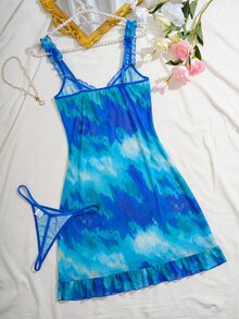 Nora Wilde 2pcs/Set Painted Tie-Dye Mesh Print Ruffle Hem Nightgown + G-String - Blue - View 2