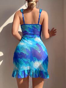 Nora Wilde 2pcs/Set Painted Tie-Dye Mesh Print Ruffle Hem Nightgown + G-String - Blue - View 7