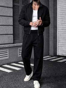 Manfinity CasualCool Men's Black Stand Collar Zip-Up Casual Elastic Hem Minimalist Long Pants 2 Pieces Set - Black - View 1