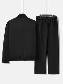 Manfinity CasualCool Men's Black Stand Collar Zip-Up Casual Elastic Hem Minimalist Long Pants 2 Pieces Set - Black - View 2