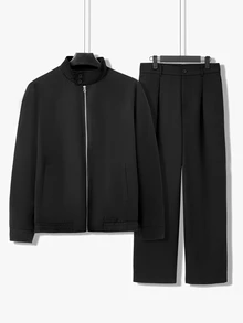 Manfinity CasualCool Men's Black Stand Collar Zip-Up Casual Elastic Hem Minimalist Long Pants 2 Pieces Set - Black - View 3
