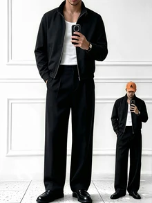 Manfinity CasualCool Men's Black Stand Collar Zip-Up Casual Elastic Hem Minimalist Long Pants 2 Pieces Set - Black - View 5