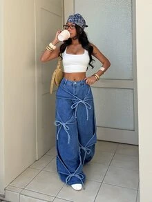 SHEIN PETITE Women's Front Knot Design Wide Leg Loose Casual Denim Jeans - Blue - View 3