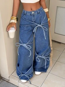 SHEIN PETITE Women's Front Knot Design Wide Leg Loose Casual Denim Jeans - Blue - View 5