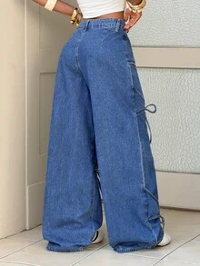 SHEIN PETITE Women's Front Knot Design Wide Leg Loose Casual Denim Jeans - Blue - View 2