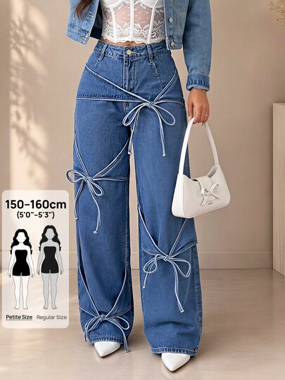 SHEIN PETITE Women's Front Knot Design Wide Leg Loose Casual Denim Jeans