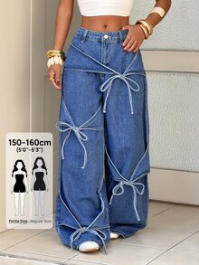 SHEIN PETITE Women's Front Knot Design Wide Leg Loose Casual Denim Jeans - Blue - View 11